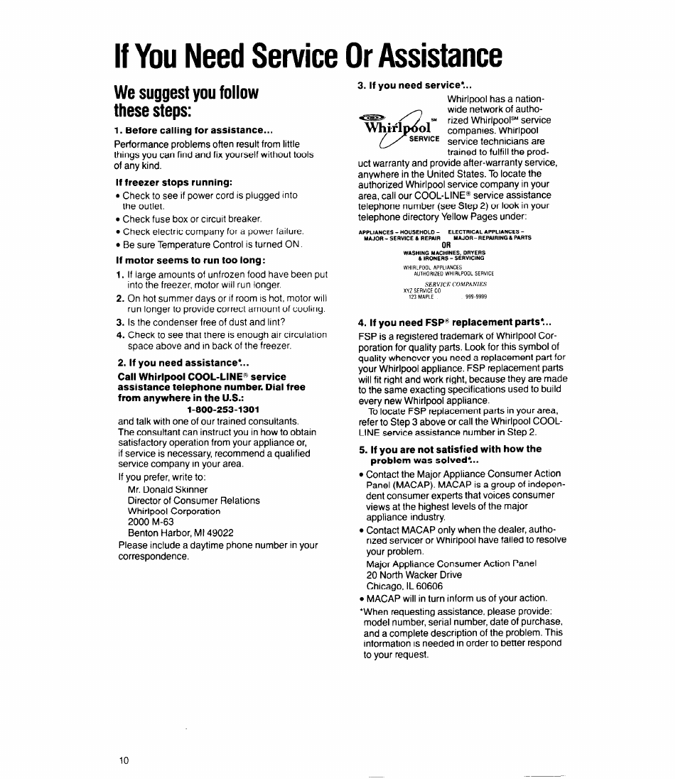 If you need service or assistance, We suggest you follow these steps, Before calling for assistance | If you need assistance, If you need service, If you need fsp® replacement parts, Whirlpool | Whirlpool EW190FX User Manual | Page 10 / 12