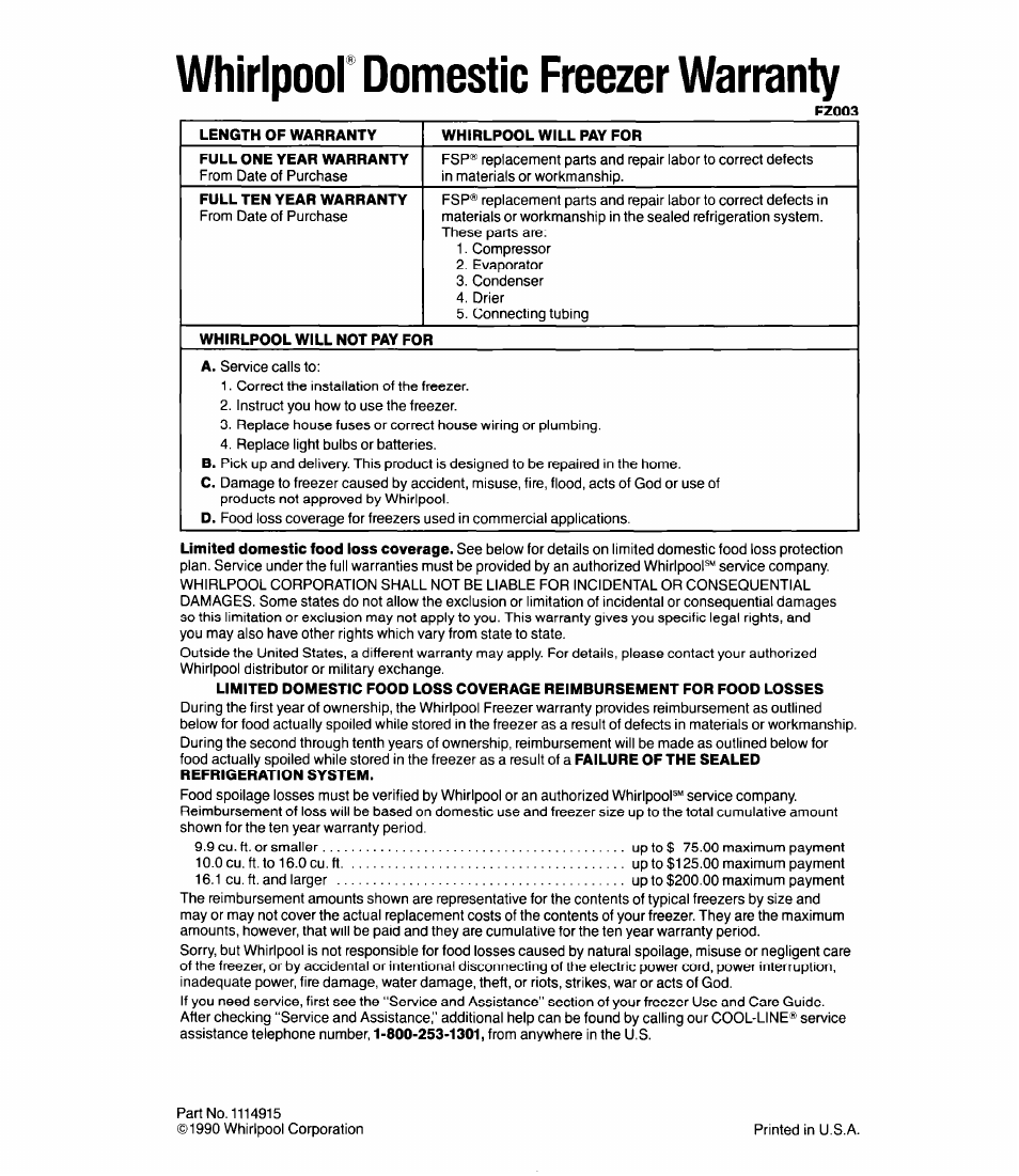 Whirlpoor domestic freezer warranty | Whirlpool EW190FX User Manual | Page 12 / 12