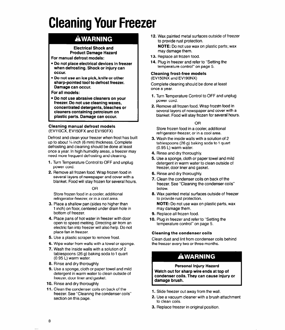 Electrical shock and product damage hazard, Cleaning manual defrost models, Cleaning the condenser coils | Cleaning your freezer, Warning, Iàwarning | Whirlpool EW190FX User Manual | Page 8 / 12