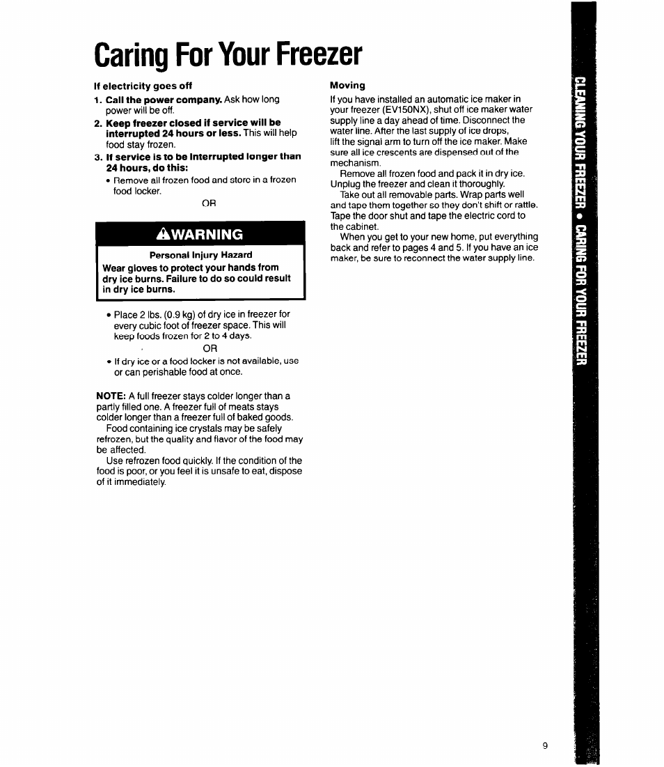 Caring for your freezer, Warning | Whirlpool EW190FX User Manual | Page 9 / 12