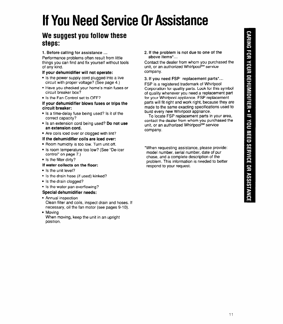 If you need service or assistance, We suggest you follow these steps | Whirlpool 1ADM202XX0 User Manual | Page 11 / 12