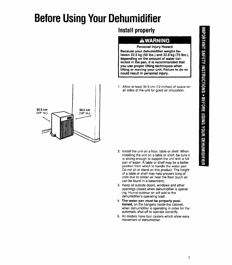 Before using your dehumidifier, Install properly, Awarning | Whirlpool 1ADM202XX0 User Manual | Page 3 / 12