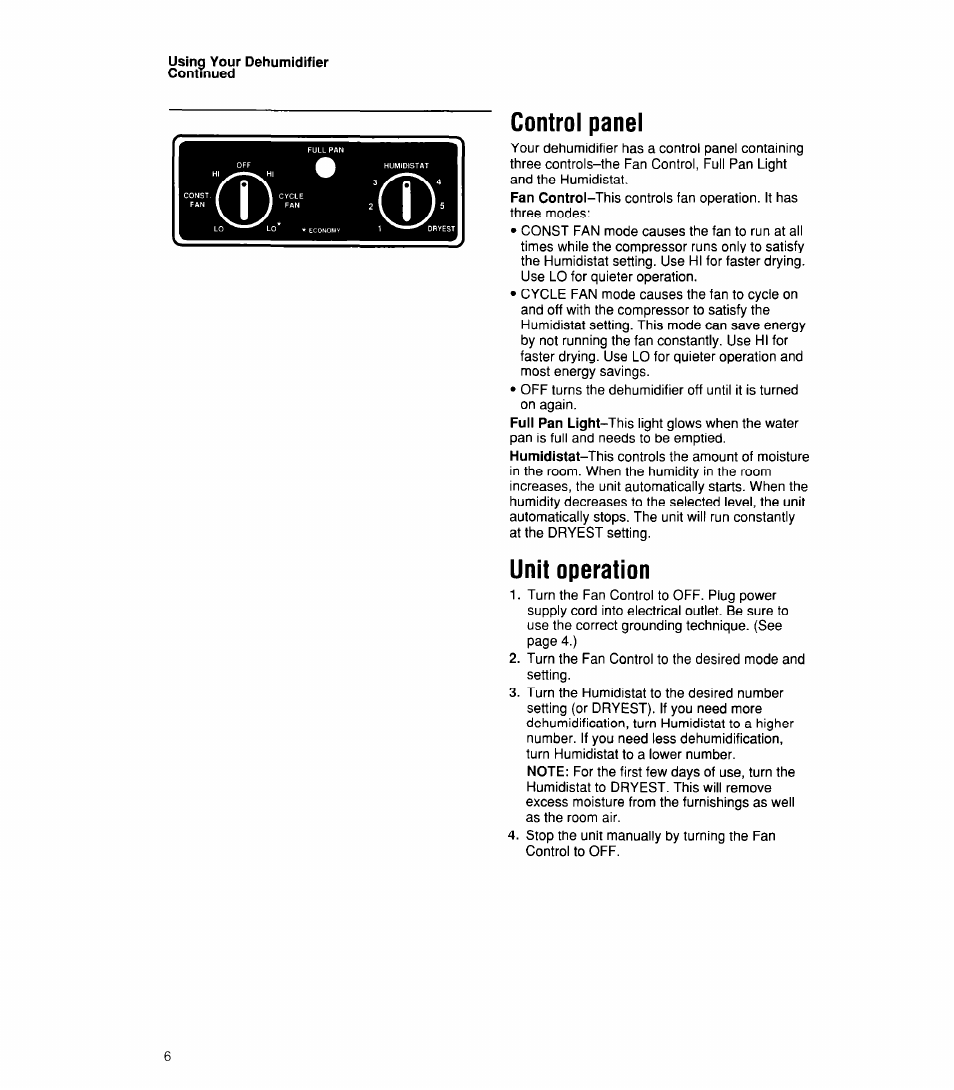 Control panel, Unit operation, Control panel unit operation | Whirlpool 1ADM202XX0 User Manual | Page 6 / 12