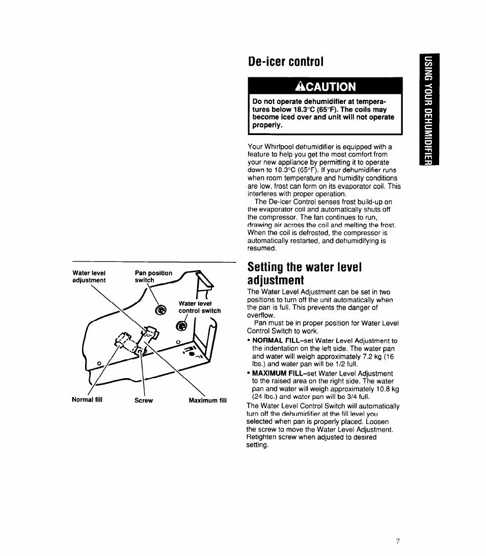 De-icer control, Setting the water level adjustment | Whirlpool 1ADM202XX0 User Manual | Page 7 / 12