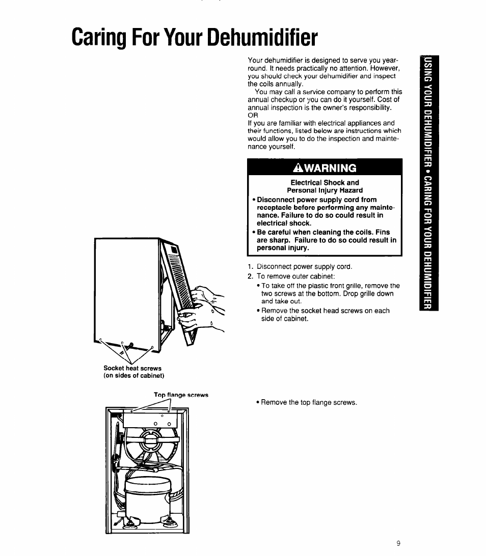 Caring for your dehumidifier, Electrical shock and personal injury hazard, Awarning | Whirlpool 1ADM202XX0 User Manual | Page 9 / 12