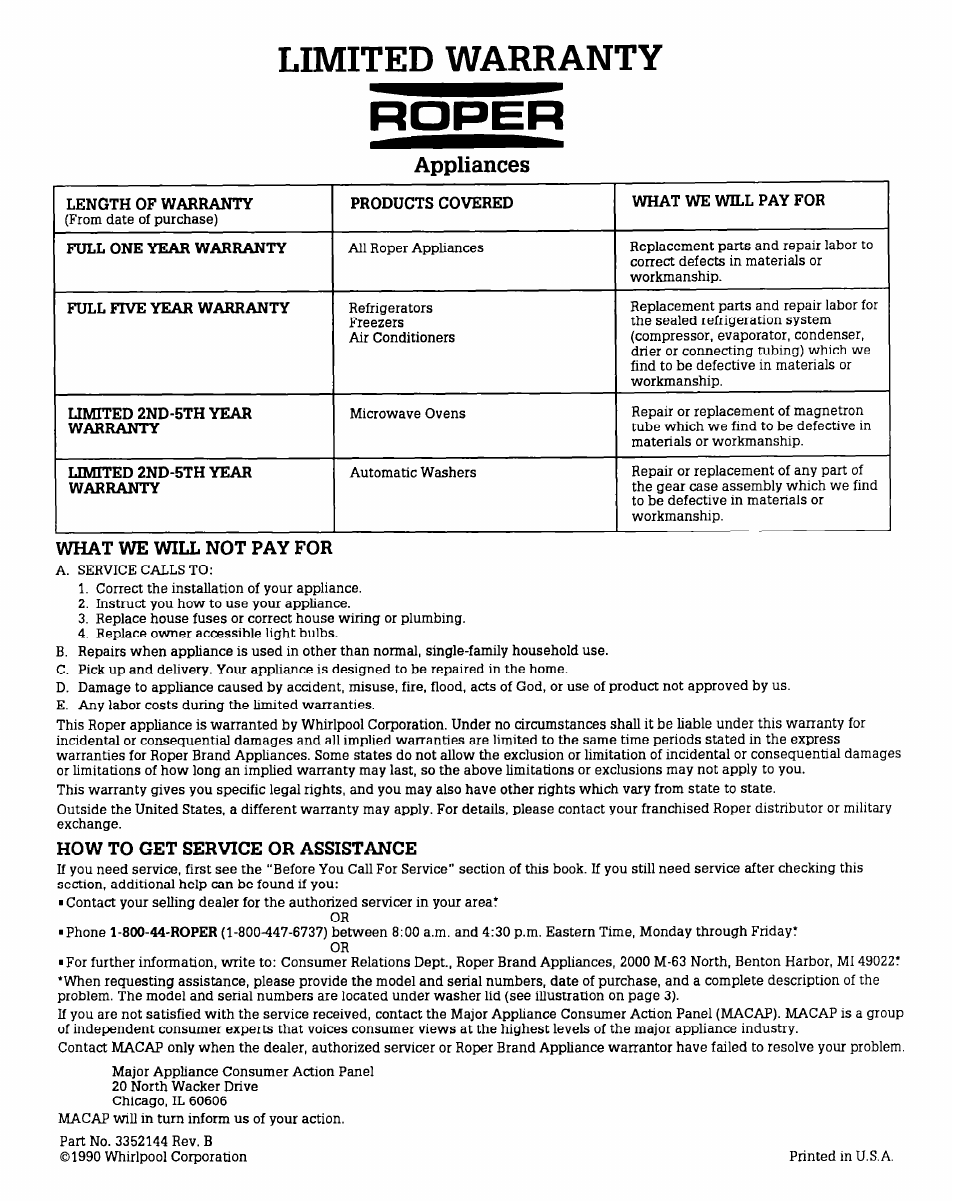 What we will not pay for, How to get service or assistance, Limited warranty | Appliances | Whirlpool AX6245V User Manual | Page 12 / 12