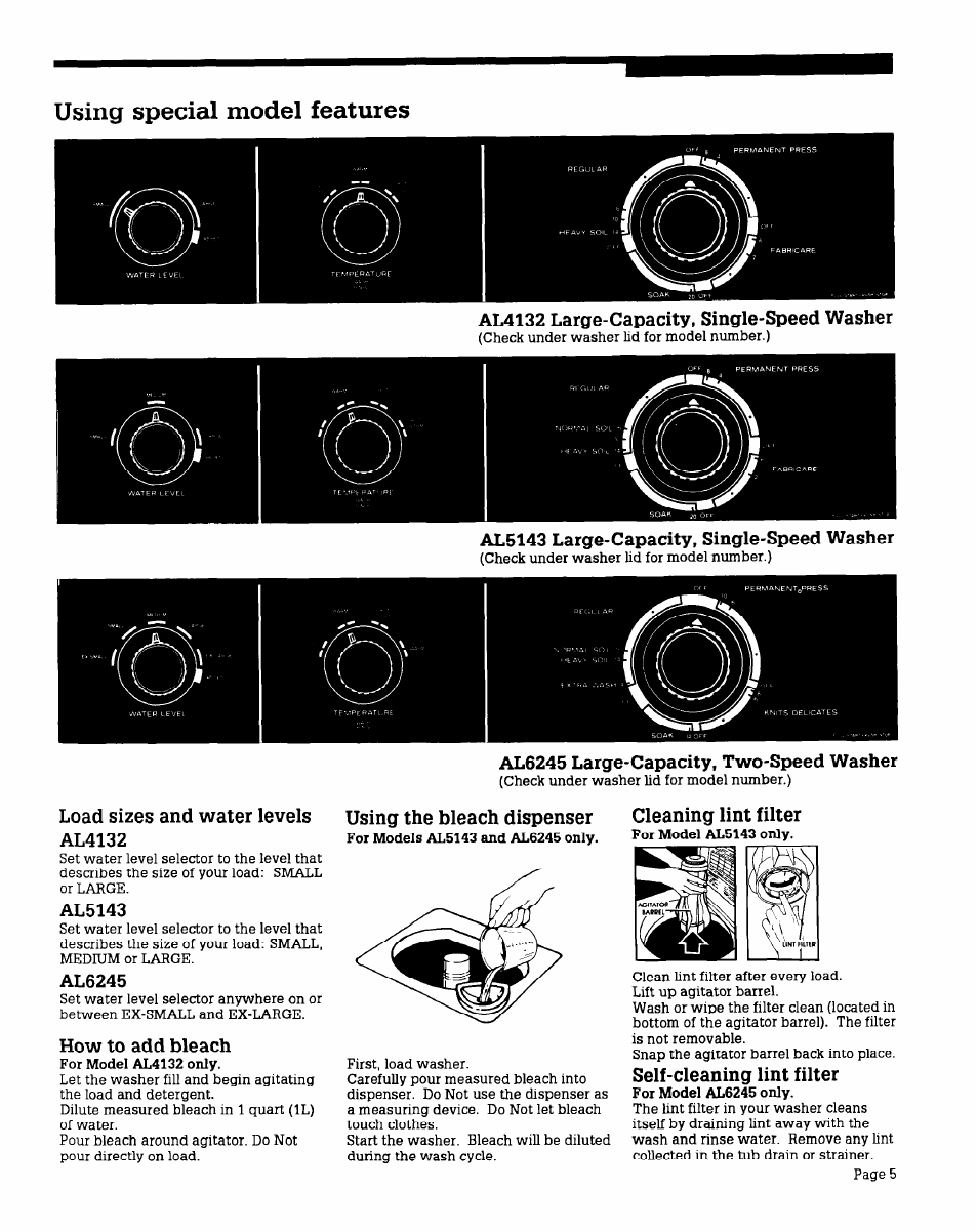 Using special model features, Al4132 large-capacity, single-speed washer, Al5143 large-capacity, single-speed washer | Al6245 large-capacity, two-speed washer, Load sizes and water levels al4132, Al5143, Al6245, How to add bleach, Using the bleach dispenser, Self-cleaning lint filter | Whirlpool AX6245V User Manual | Page 5 / 12