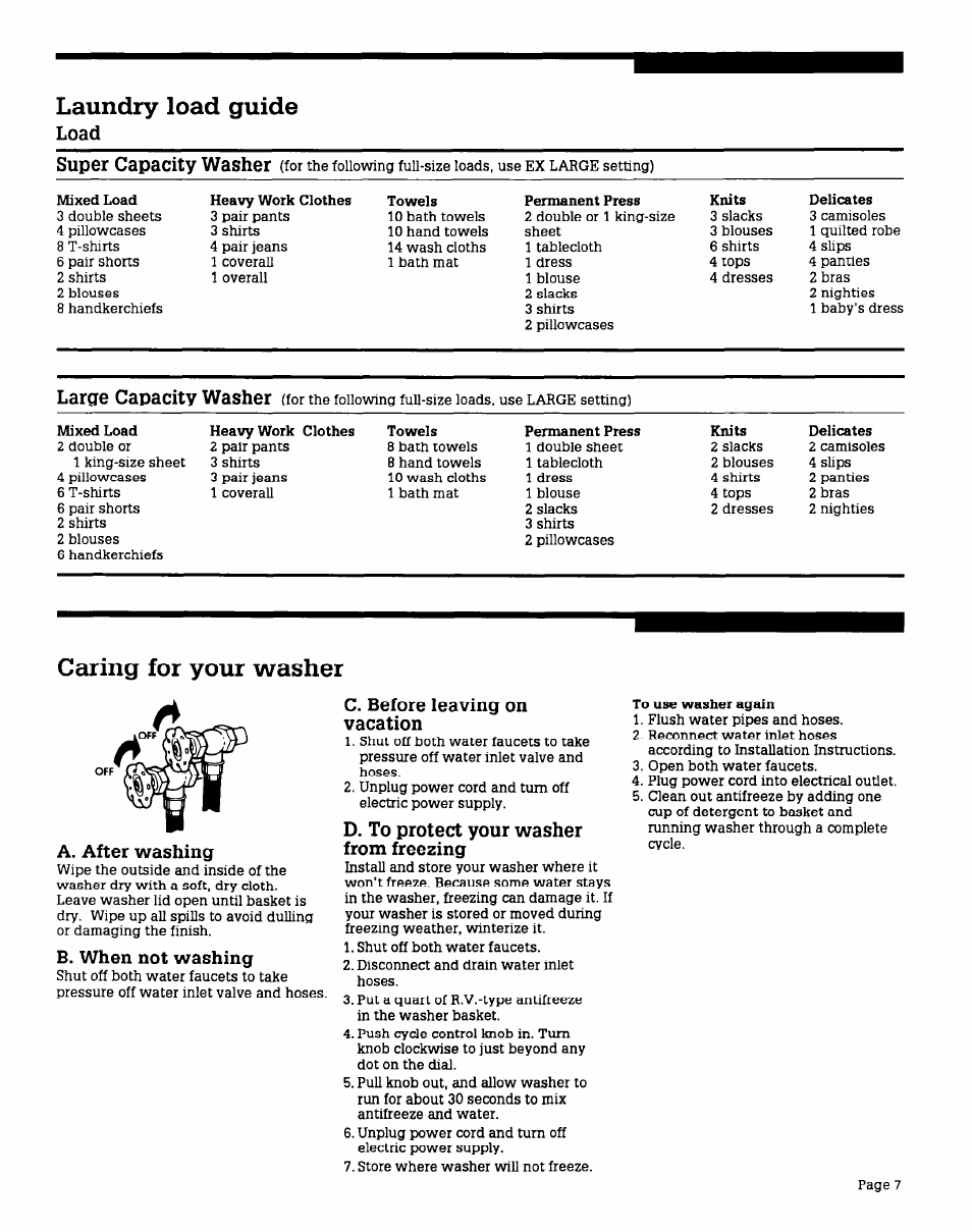 Laundry load guide, Load, A. after washing | B. when not washing, C. before leaving on vacation, D. to protect your washer from freezing, Caring for your washer, Load super capacity washer, Large capacity washer | Whirlpool AX6245V User Manual | Page 7 / 12