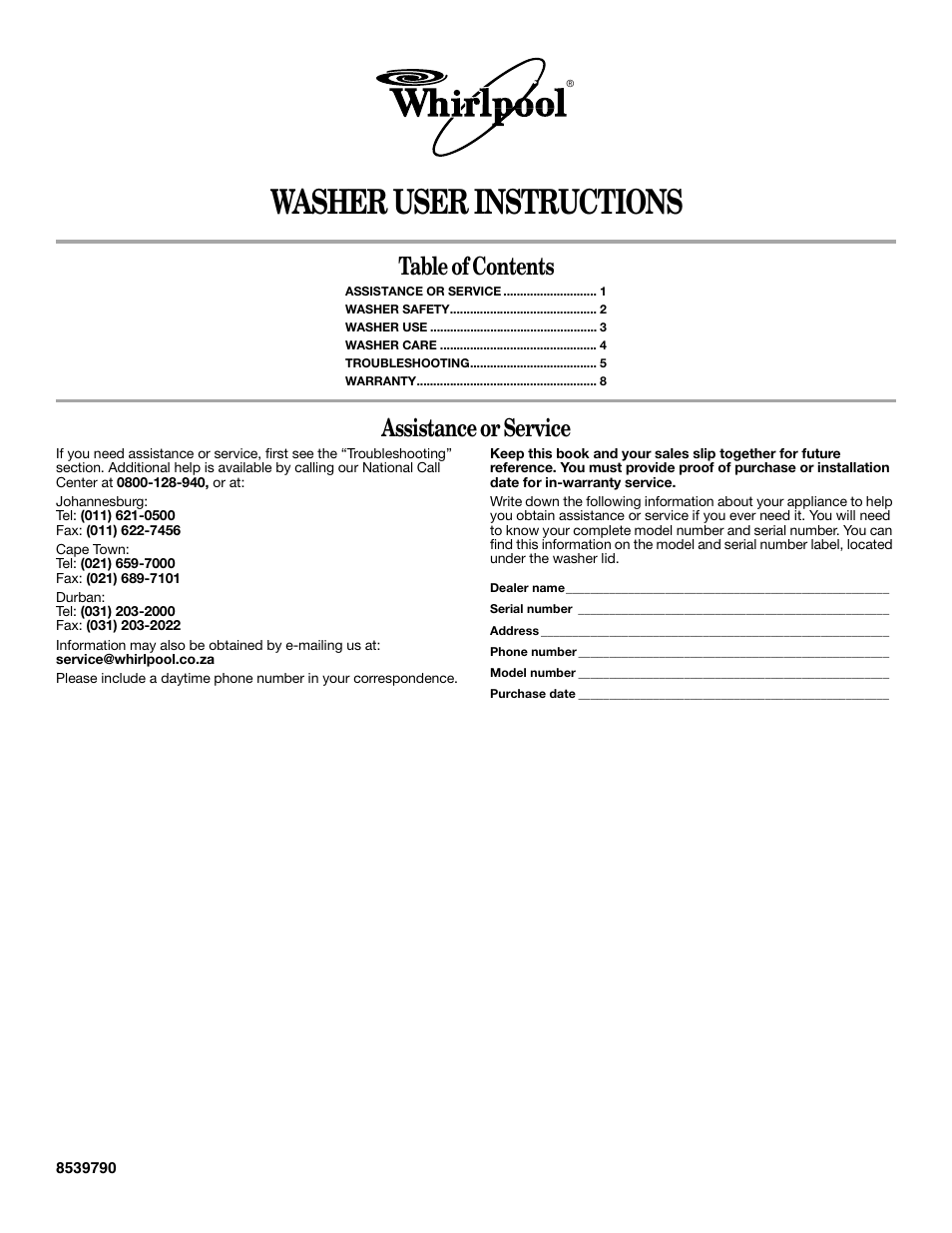 Whirlpool 3SLSR6233MQ0 User Manual | 8 pages