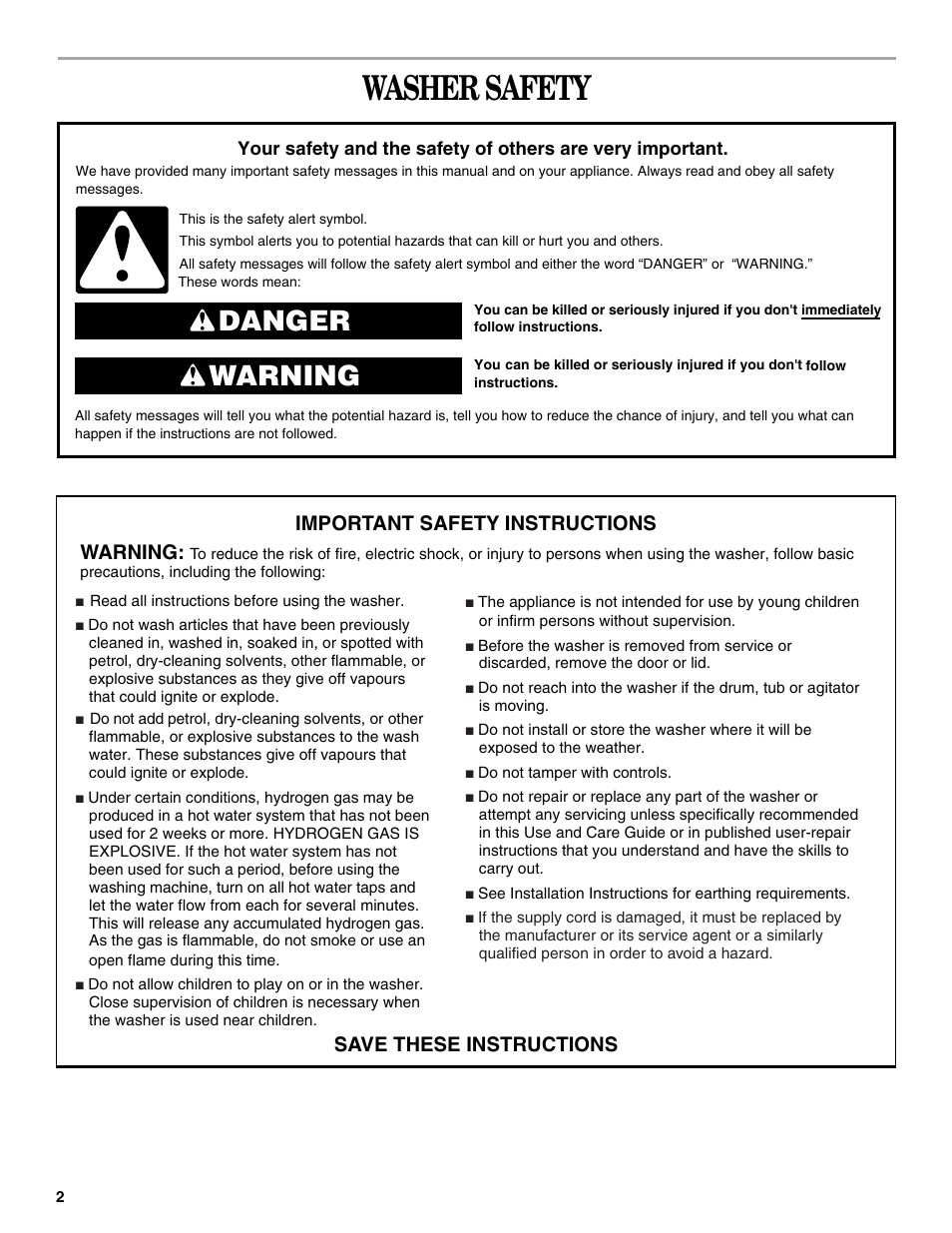 Washer safety, Danger warning, Warning | Whirlpool 3SLSR6233MQ0 User Manual | Page 2 / 8