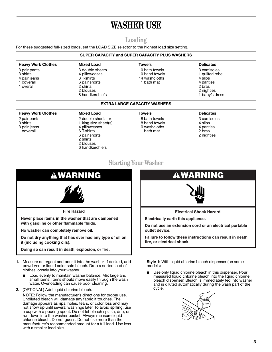 Washer use, Warning, Loading | Starting your washer | Whirlpool 3SLSR6233MQ0 User Manual | Page 3 / 8