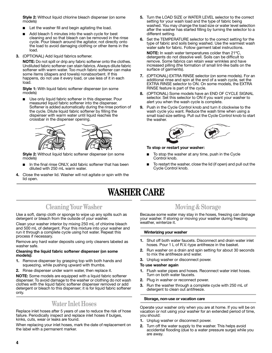 Washer care, Cleaning your washer, Water inlet hoses | Moving & storage | Whirlpool 3SLSR6233MQ0 User Manual | Page 4 / 8