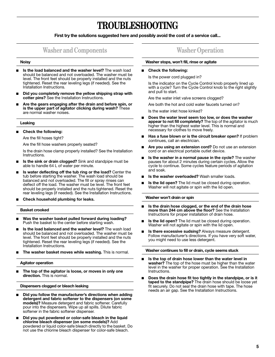 Troubleshooting, Washer and components, Washer operation | Whirlpool 3SLSR6233MQ0 User Manual | Page 5 / 8
