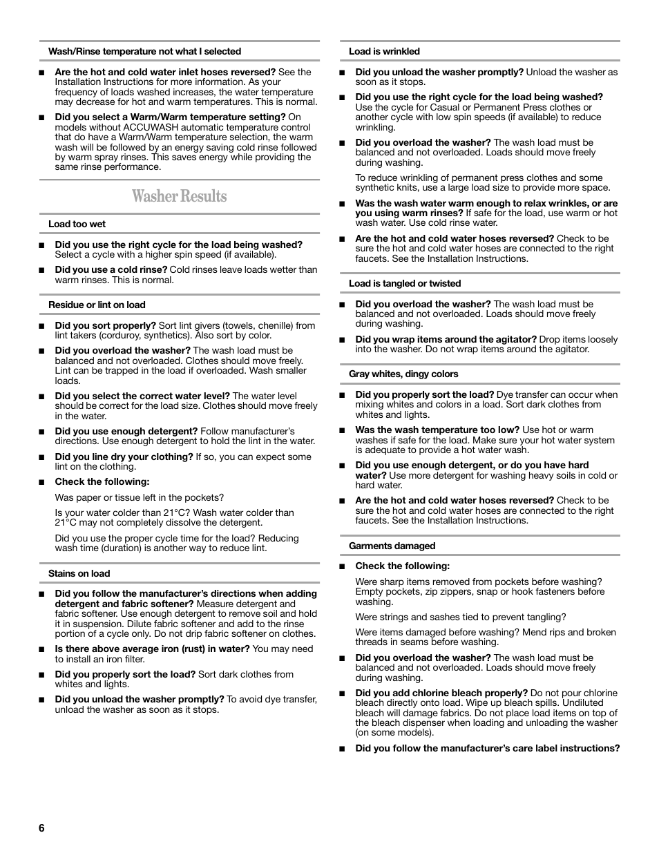 Washer results | Whirlpool 3SLSR6233MQ0 User Manual | Page 6 / 8