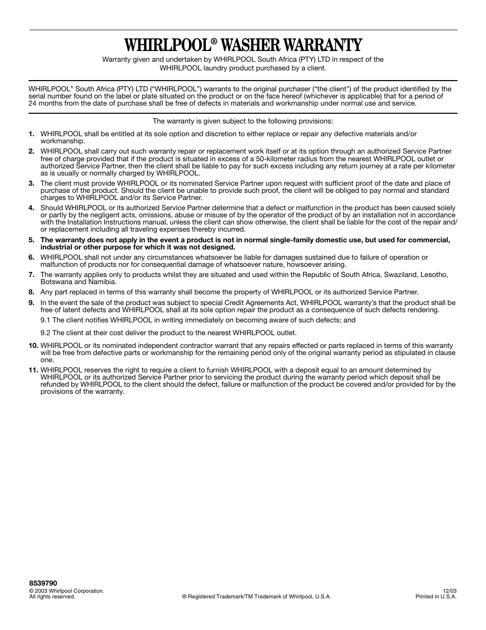 Whirlpool, Washer warranty | Whirlpool 3SLSR6233MQ0 User Manual | Page 8 / 8