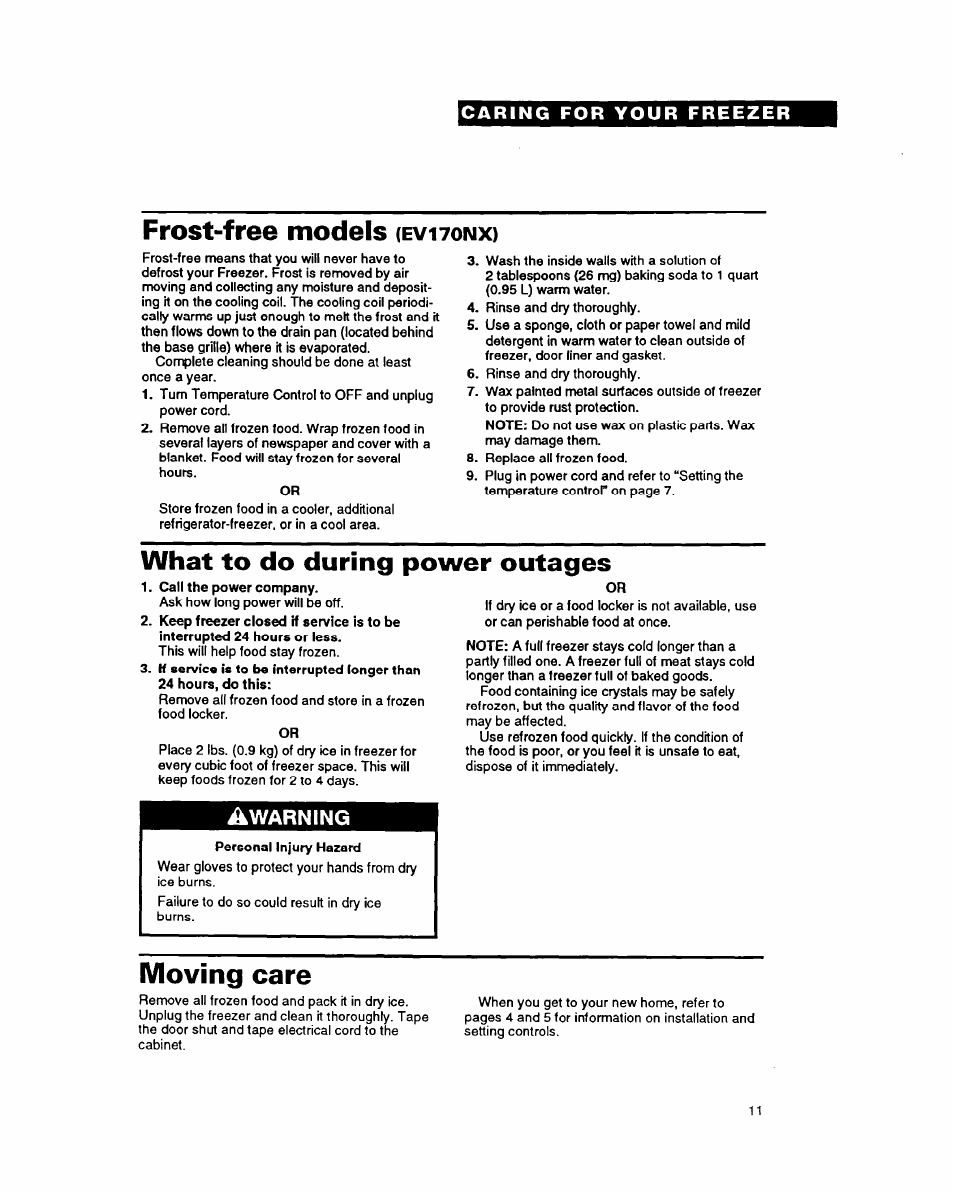 Frost-free models, What to do during power outages, Moving care | Iàwarning | Whirlpool EV170NX User Manual | Page 11 / 16
