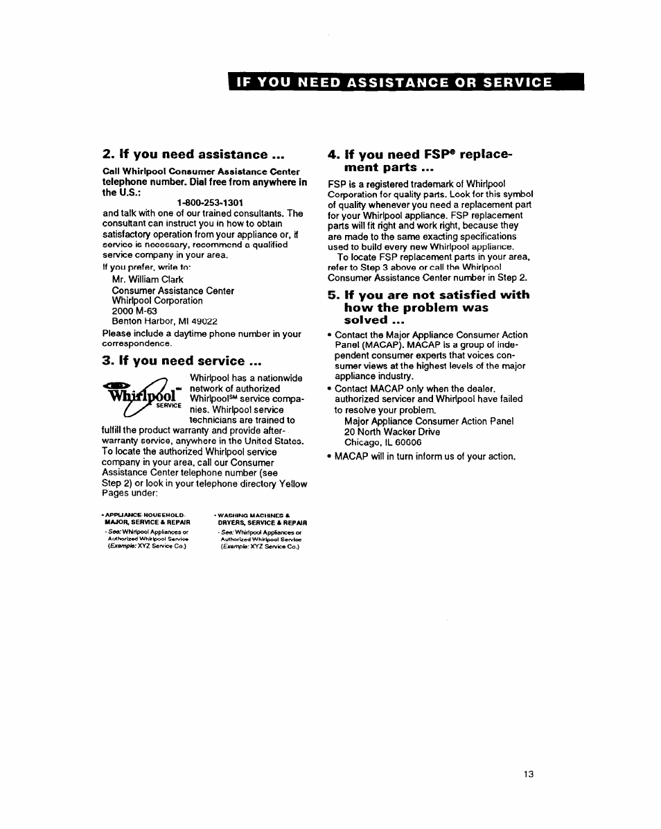 If you need assistance, If you need service, If you need fsp® replacement parts | If you need fsp® replace­ ment parts | Whirlpool EV170NX User Manual | Page 13 / 16