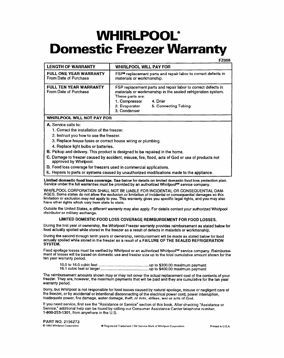 Whirlpool, Domestic freezer warranty, Whirlpool* domestic freezer warranty | Whirlpool EV170NX User Manual | Page 16 / 16