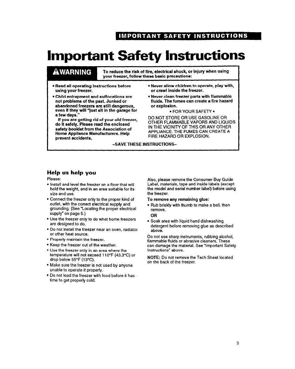 Important safety instructions, Help us help you, Warning | Whirlpool EV170NX User Manual | Page 3 / 16