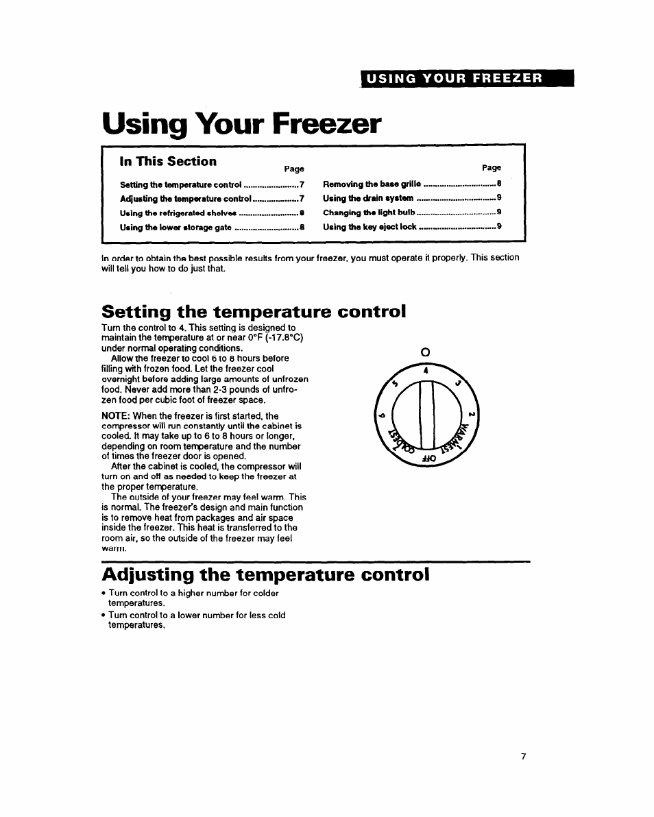 Using your freezer, Setting the temperature control, Adjusting the temperature control | Whirlpool EV170NX User Manual | Page 7 / 16