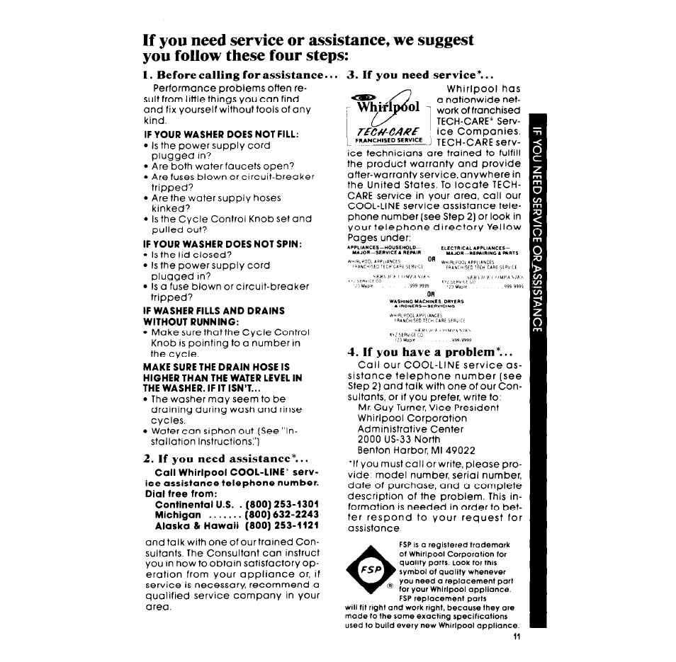 Before calling for assistance, If you need service, If you have a problem | 1, before calling for, Assistance, 3 if you need service 4. if you have a problem, If you need assistance | Whirlpool LA5000XM User Manual | Page 11 / 12