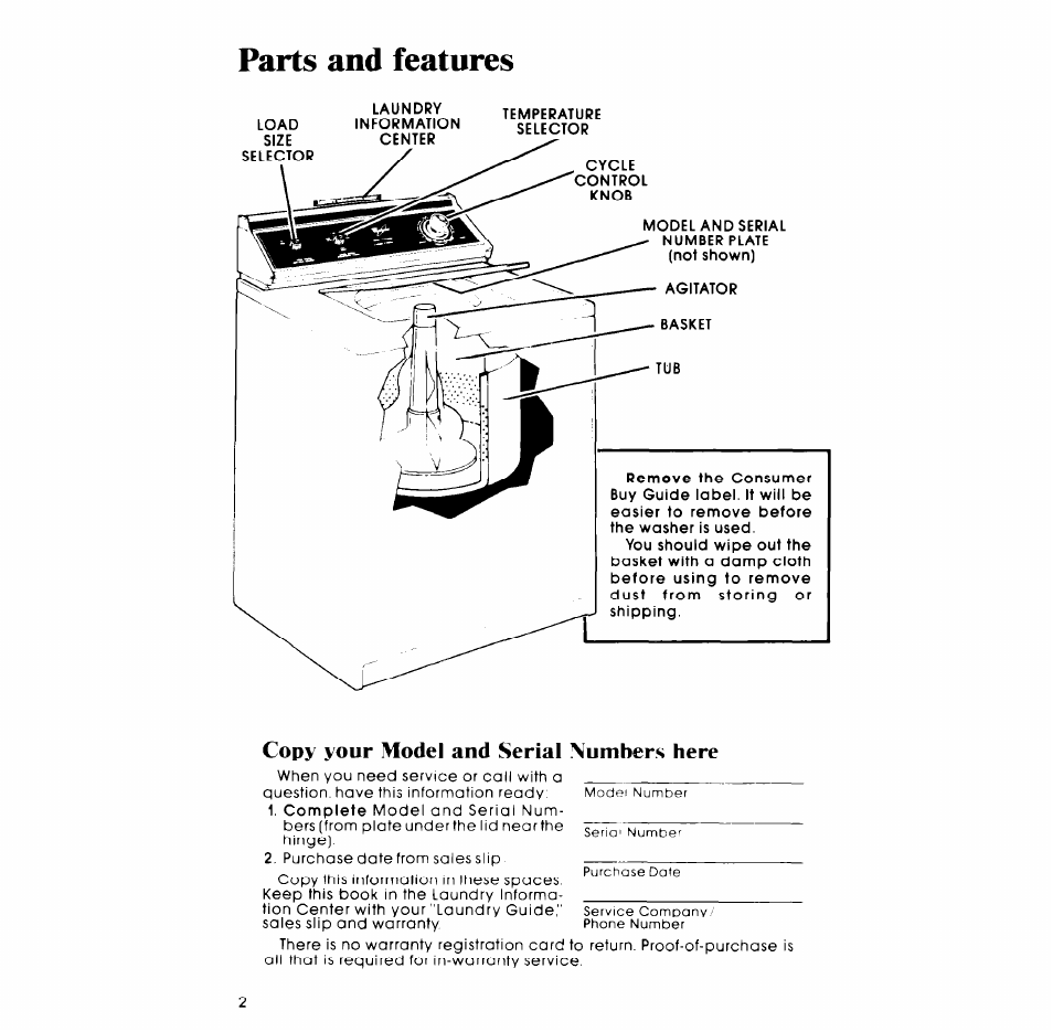 Parts and features, Copy your model and serial numbers here | Whirlpool LA5000XM User Manual | Page 2 / 12