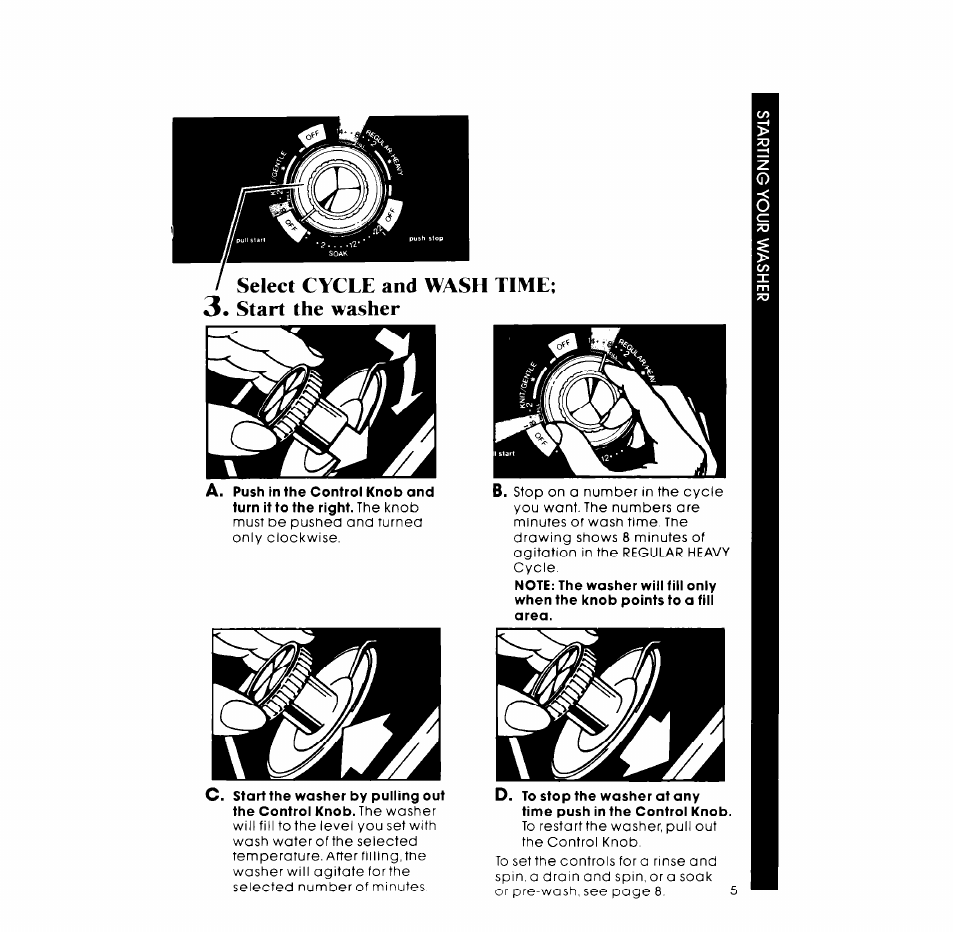 Select cycle and wash time, Start the washer | Whirlpool LA5000XM User Manual | Page 5 / 12