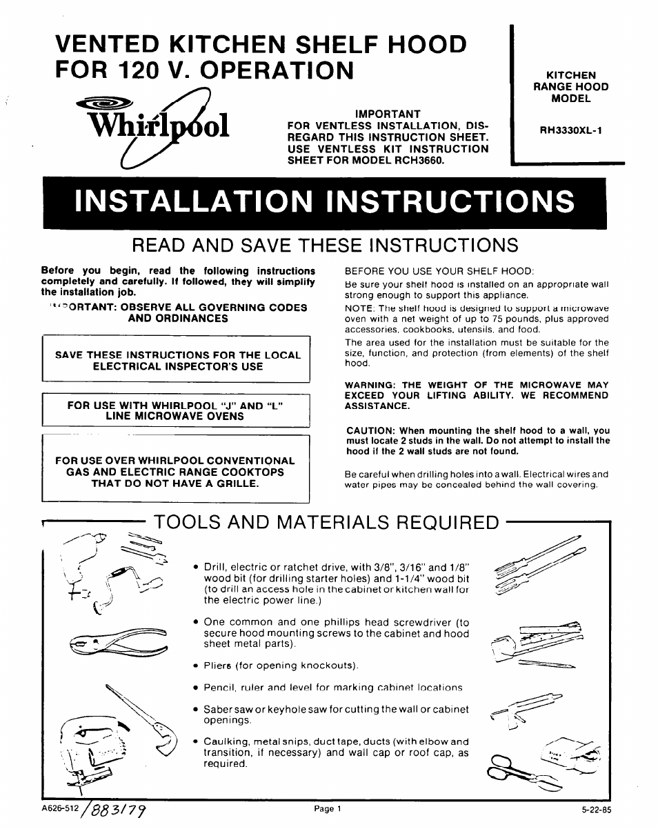 Whirlpool RCH3660 User Manual | 6 pages