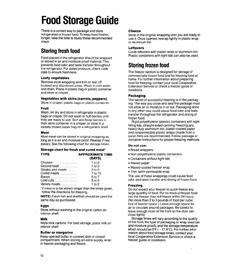 Food storage guide, Storing fresh food, Storing frozen food | Storing fresh food storing frozen food | Whirlpool ED20HK User Manual | Page 12 / 16