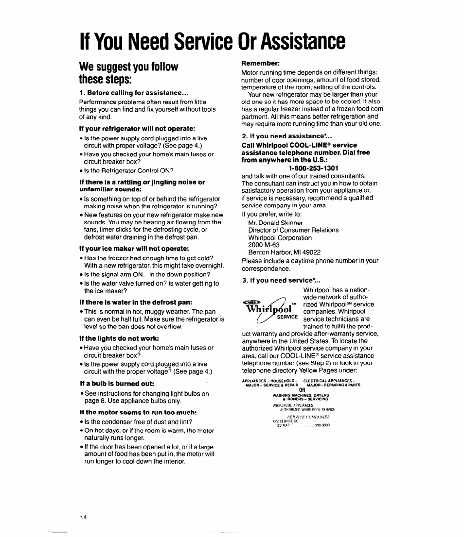 If you need service or assistance, We suggest you follow these steps, Whirlpool | Whirlpool ED20HK User Manual | Page 14 / 16