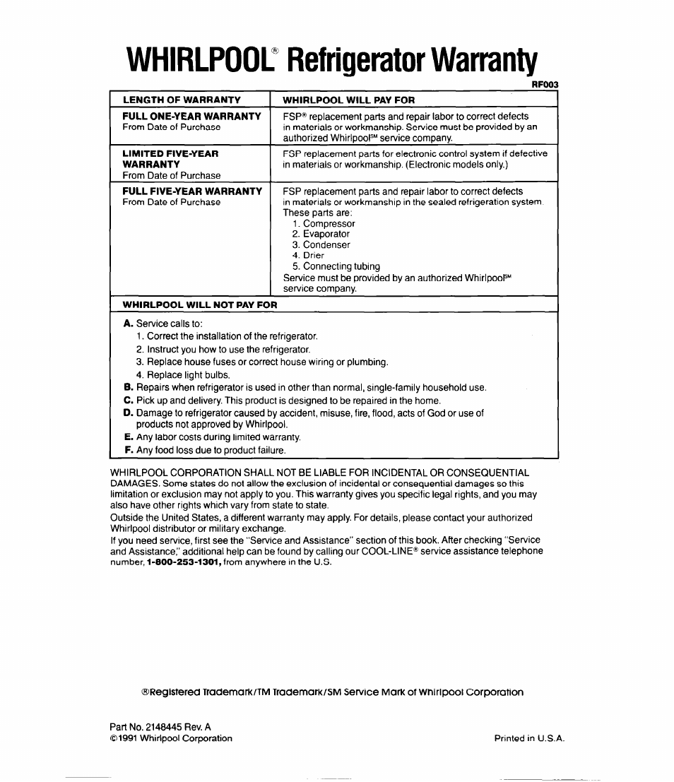 Whirlpool" refrigerator warranty, Whirlpool refrigerator warranty | Whirlpool ED20HK User Manual | Page 16 / 16