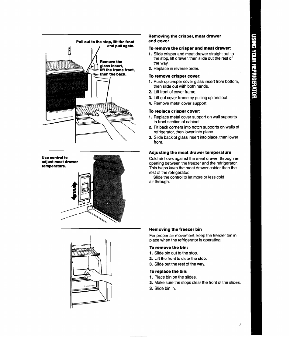 Removing the crisper, meat drawer and cover, Adjusting the meat drawer temperature, Removing the freezer bin | To remove the bin | Whirlpool ED20HK User Manual | Page 7 / 16