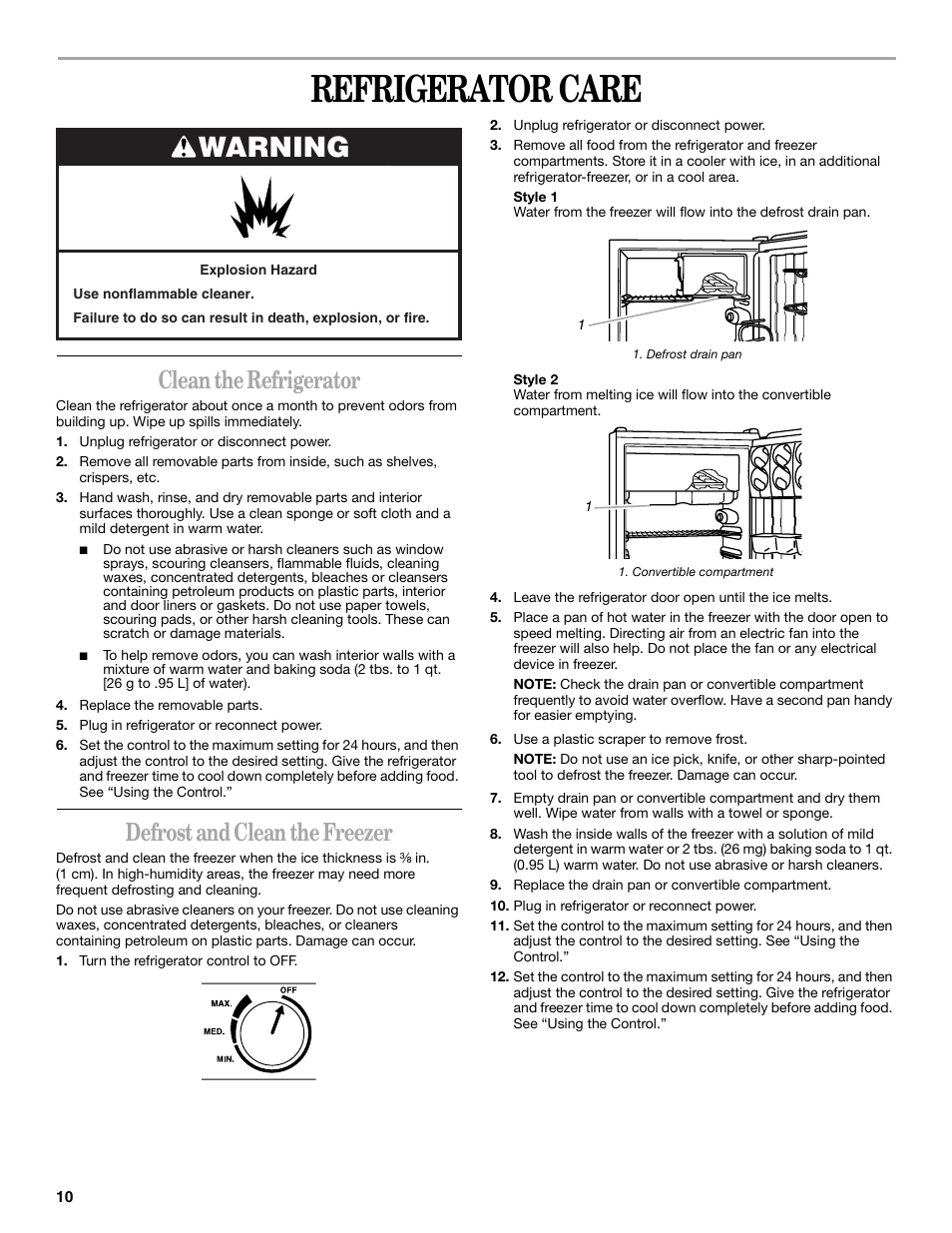 Refrigerator care, Warning, Clean the refrigerator | Defrost and clean the freezer | Whirlpool 326031822 User Manual | Page 10 / 36