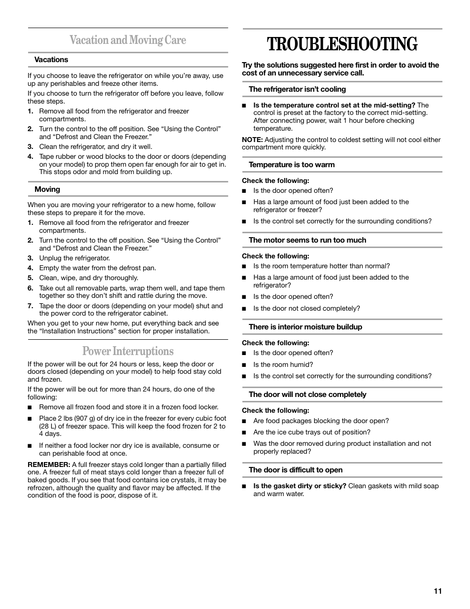 Troubleshooting, Vacation and moving care, Power interruptions | Whirlpool 326031822 User Manual | Page 11 / 36