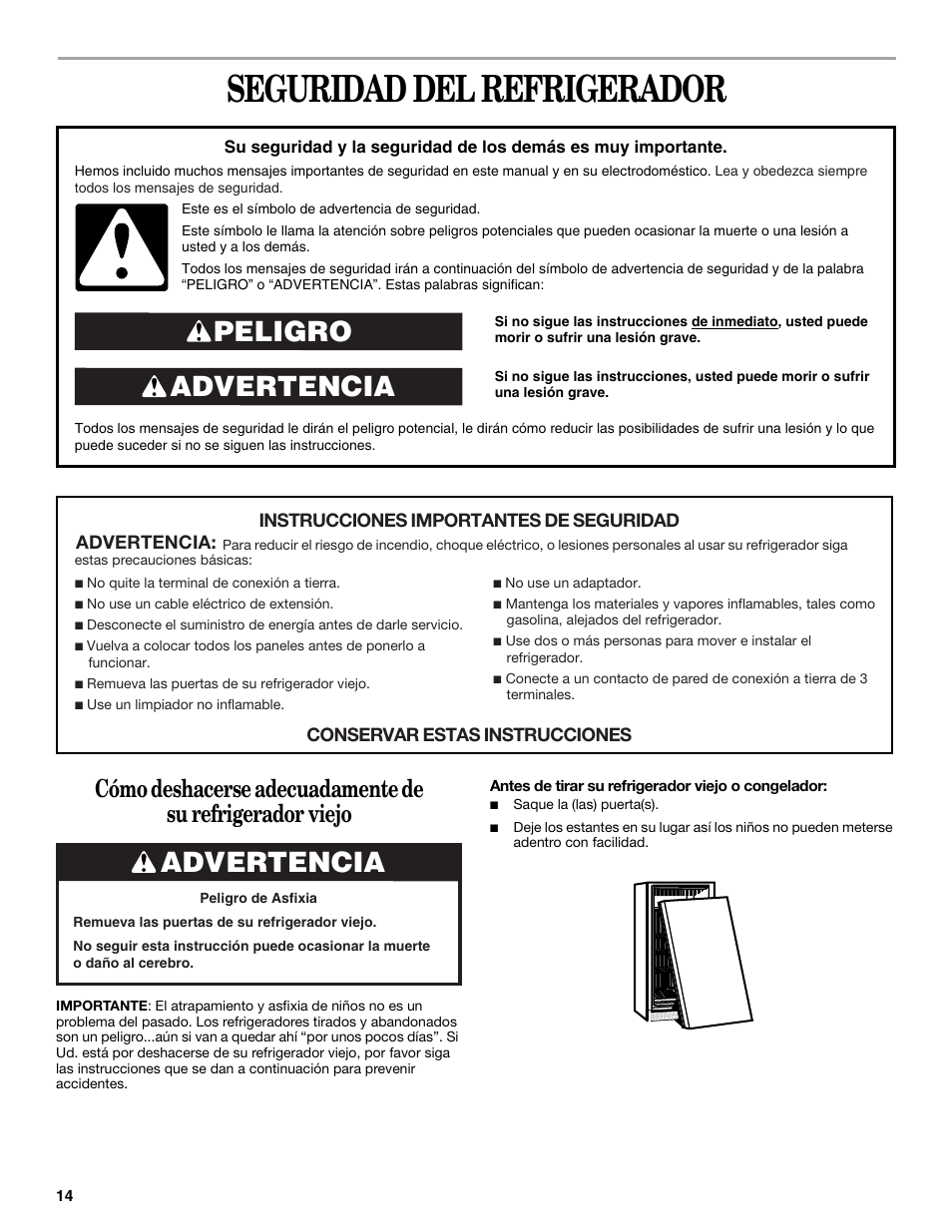 Seguridad del refrigerador, Advertencia peligro, Advertencia | Whirlpool 326031822 User Manual | Page 14 / 36