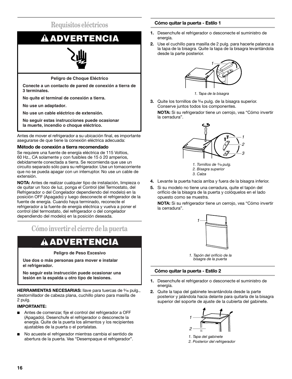 Advertencia, Requisitos eléctricos, Cómo invertir el cierre de la puerta | Whirlpool 326031822 User Manual | Page 16 / 36