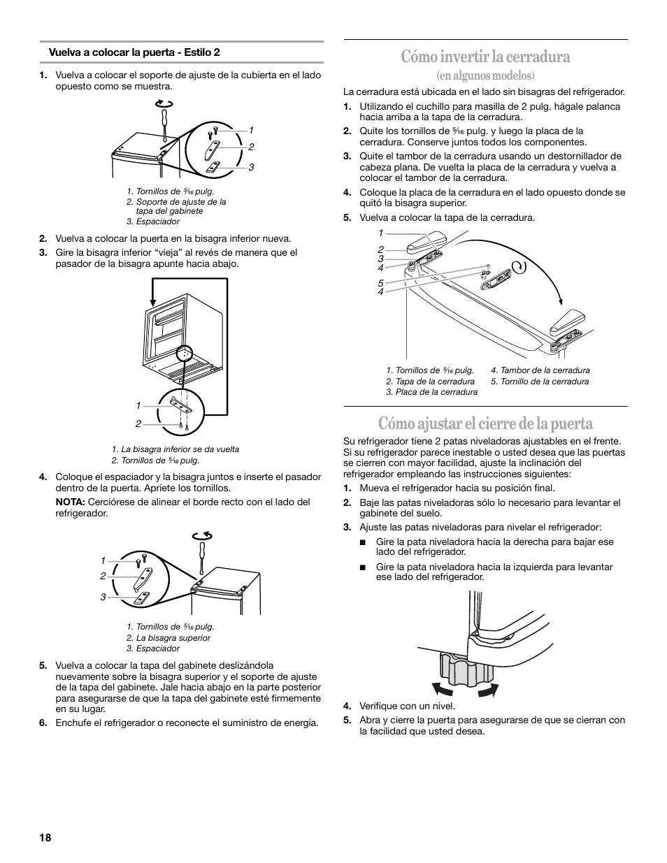 Cómo invertir la cerradura, Cómo ajustar el cierre de la puerta, En algunos modelos) | Whirlpool 326031822 User Manual | Page 18 / 36