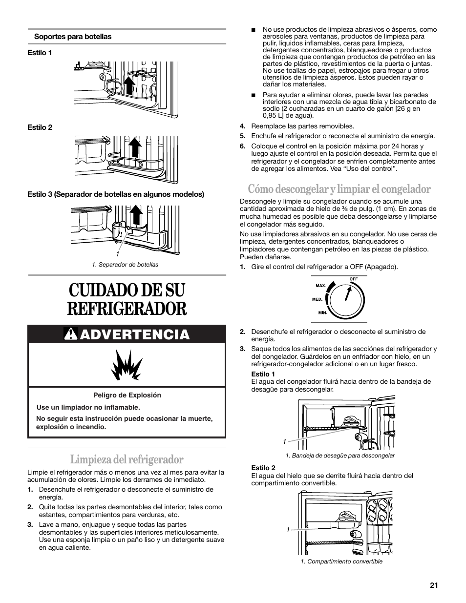 Cuidado de su refrigerador, Advertencia, Limpieza del refrigerador | Cómo descongelar y limpiar el congelador | Whirlpool 326031822 User Manual | Page 21 / 36