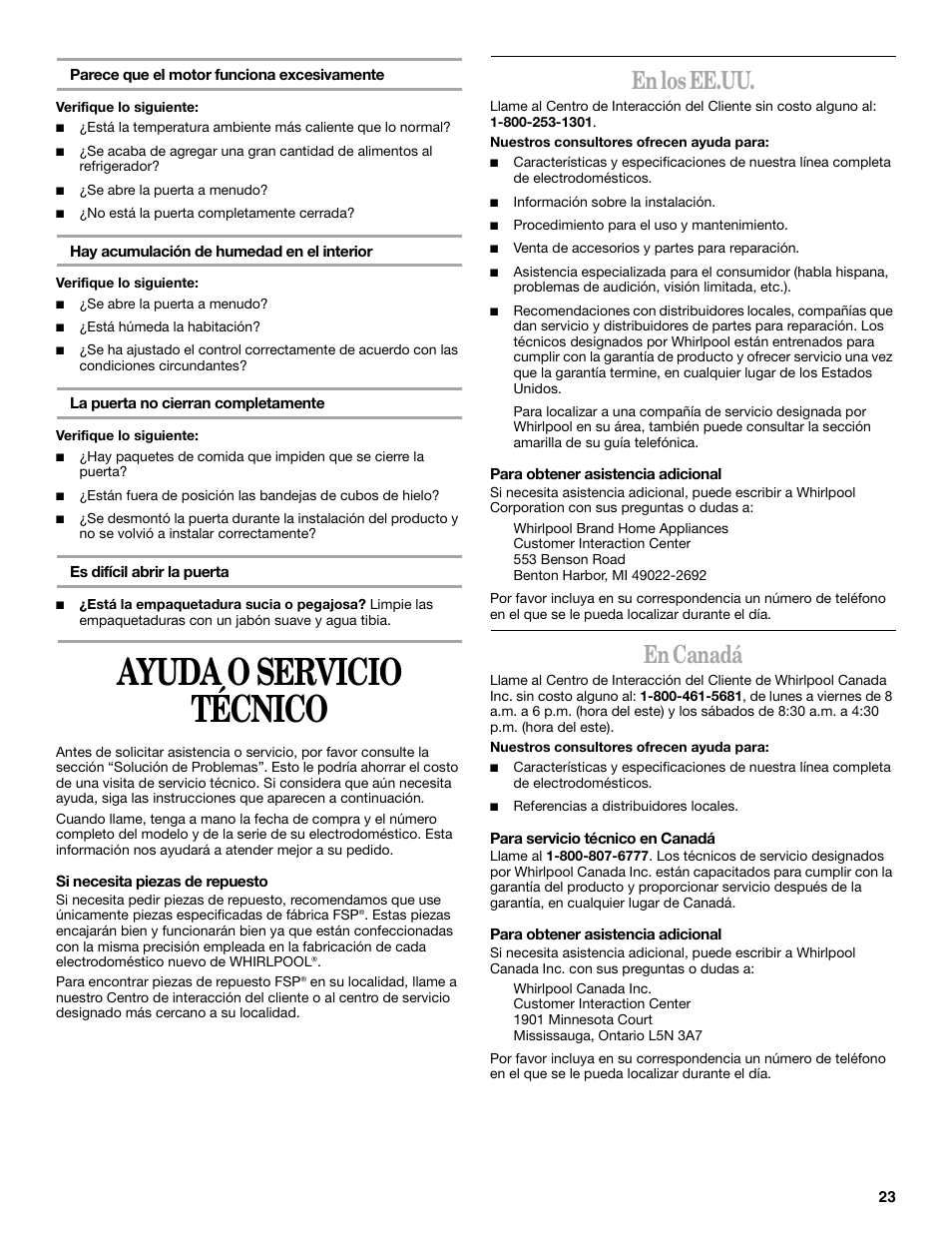 Ayuda o servicio técnico, En los ee.uu, En canadá | Whirlpool 326031822 User Manual | Page 23 / 36