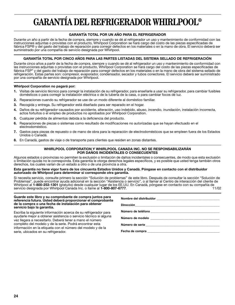 Garantía del refrigerador whirlpool | Whirlpool 326031822 User Manual | Page 24 / 36