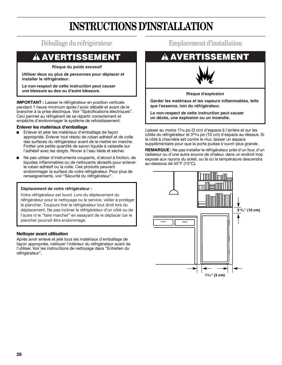 Instructions d’installation, Avertissement, Déballage du réfrigérateur | Emplacement d’installation | Whirlpool 326031822 User Manual | Page 26 / 36