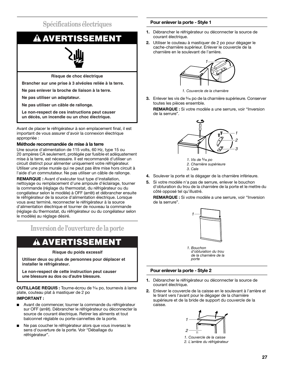 Avertissement, Spécifications électriques, Inversion de l'ouverture de la porte | Whirlpool 326031822 User Manual | Page 27 / 36