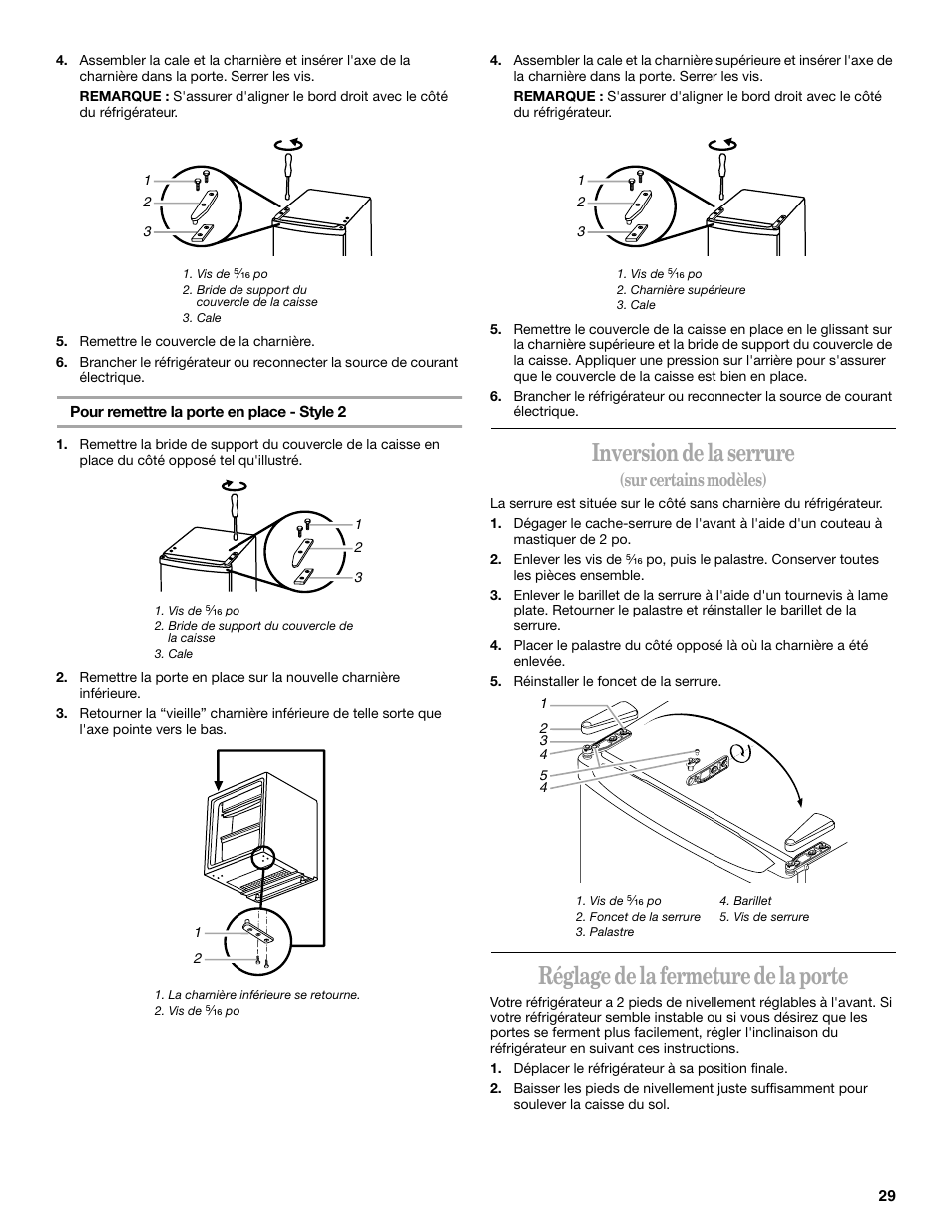 Inversion de la serrure, Réglage de la fermeture de la porte, Sur certains modèles) | Whirlpool 326031822 User Manual | Page 29 / 36