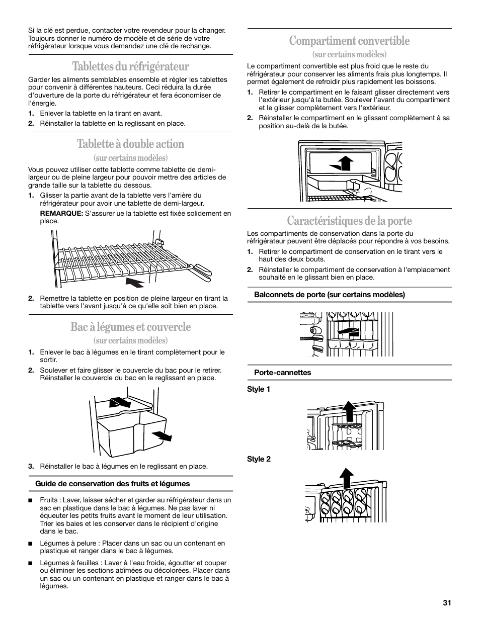 Tablettes du réfrigérateur, Tablette à double action, Bac à légumes et couvercle | Compartiment convertible, Caractéristiques de la porte | Whirlpool 326031822 User Manual | Page 31 / 36