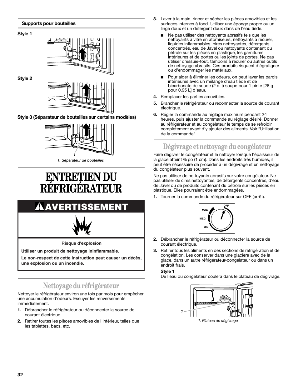 Entretien du réfrigérateur, Avertissement, Nettoyage du réfrigérateur | Dégivrage et nettoyage du congélateur | Whirlpool 326031822 User Manual | Page 32 / 36