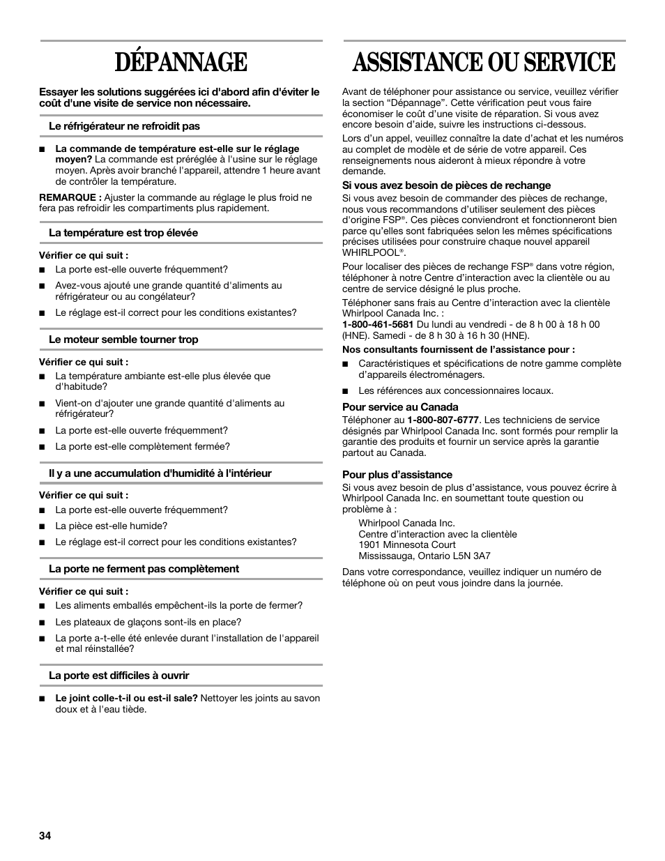 Dépannage, Assistance ou service | Whirlpool 326031822 User Manual | Page 34 / 36