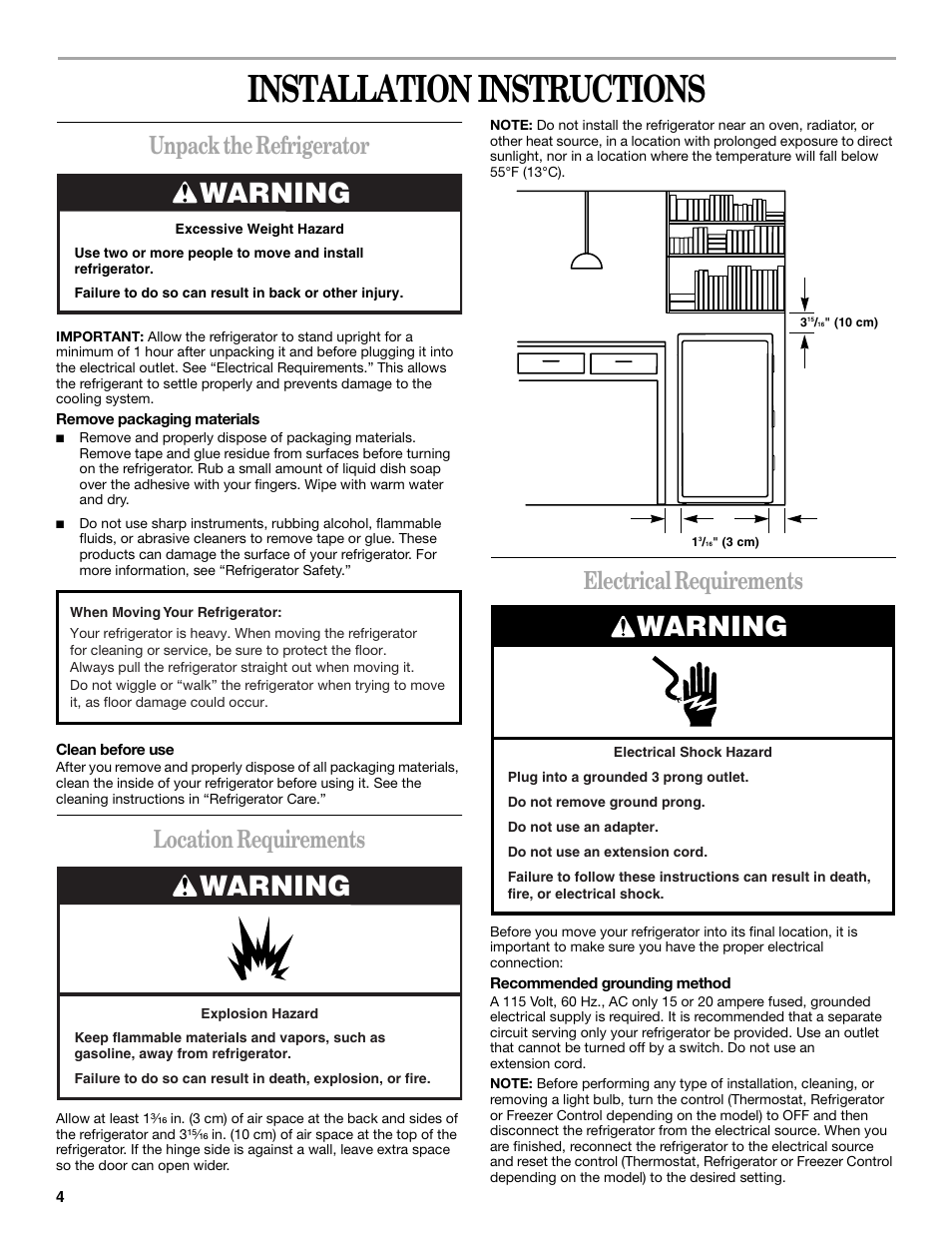 Installation instructions, Warning, Unpack the refrigerator | Location requirements, Electrical requirements | Whirlpool 326031822 User Manual | Page 4 / 36