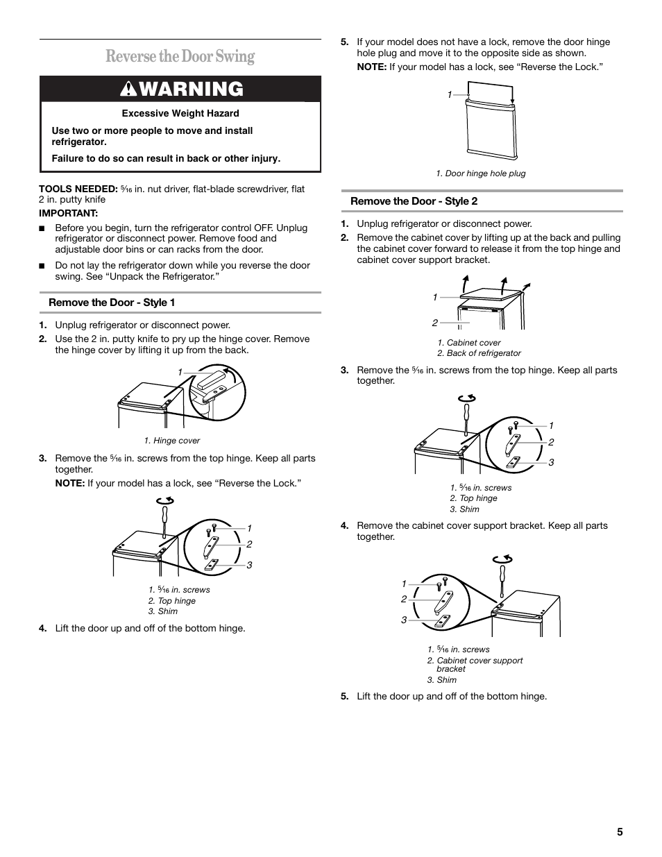 Warning, Reverse the door swing | Whirlpool 326031822 User Manual | Page 5 / 36