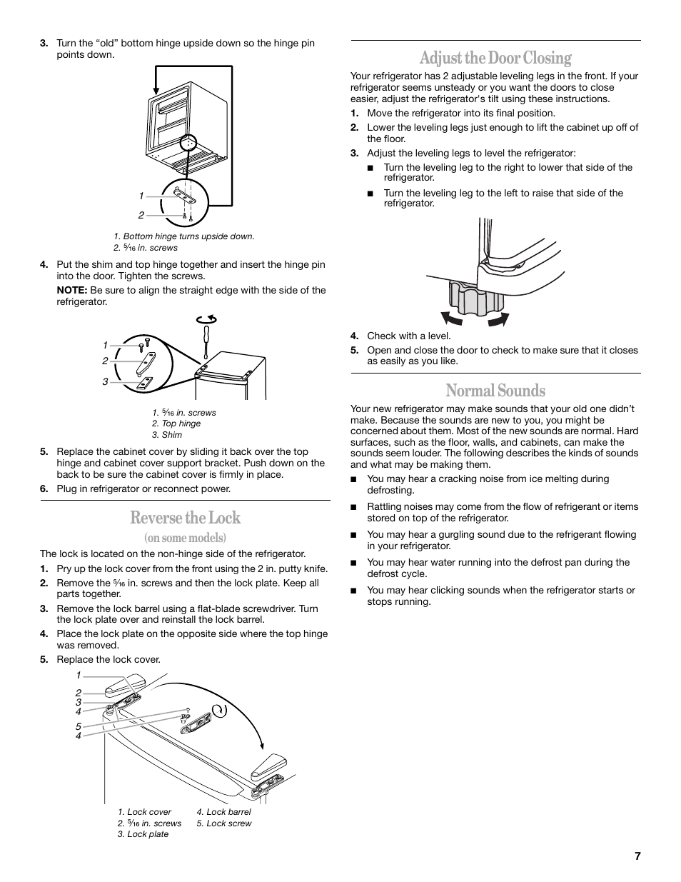 Reverse the lock, Adjust the door closing, Normal sounds | On some models) | Whirlpool 326031822 User Manual | Page 7 / 36