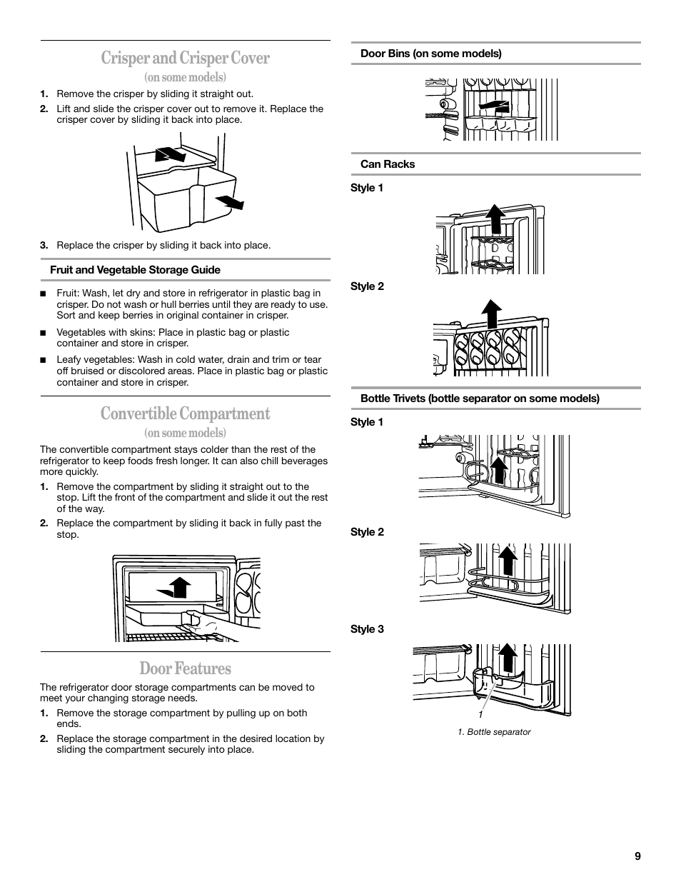 Crisper and crisper cover, Convertible compartment, Door features | Whirlpool 326031822 User Manual | Page 9 / 36